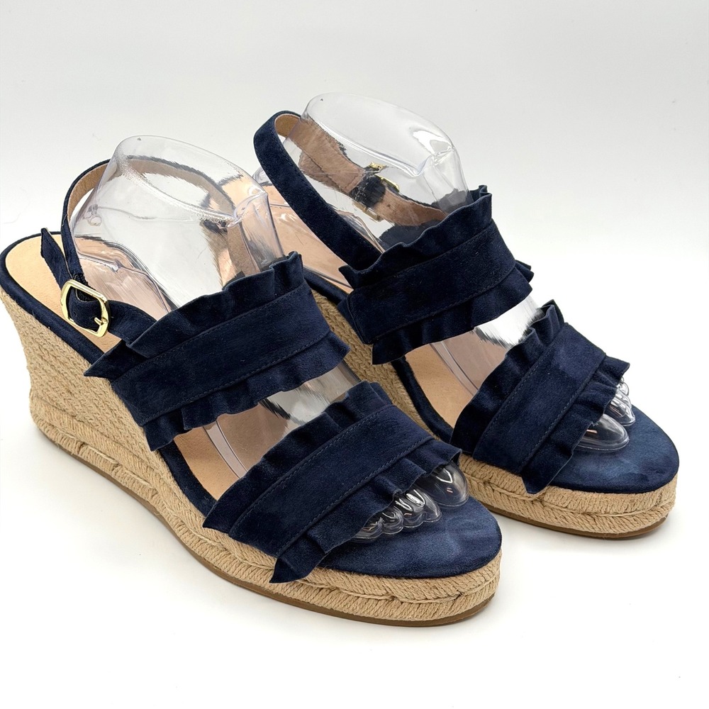 Jack Rogers Ruffle Suede Espadrille Wedge Sandals Womens 11M Navy Blue Preppy